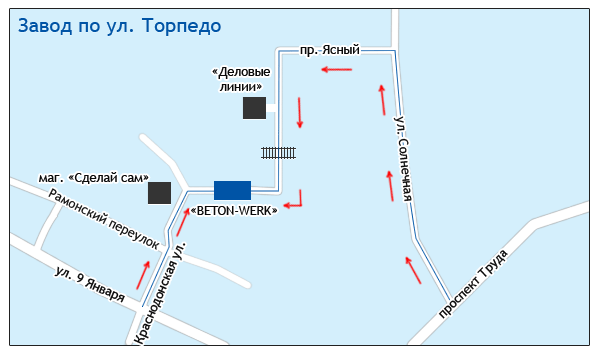 Схема проезда к Бетон-Верк по улице Торпедо